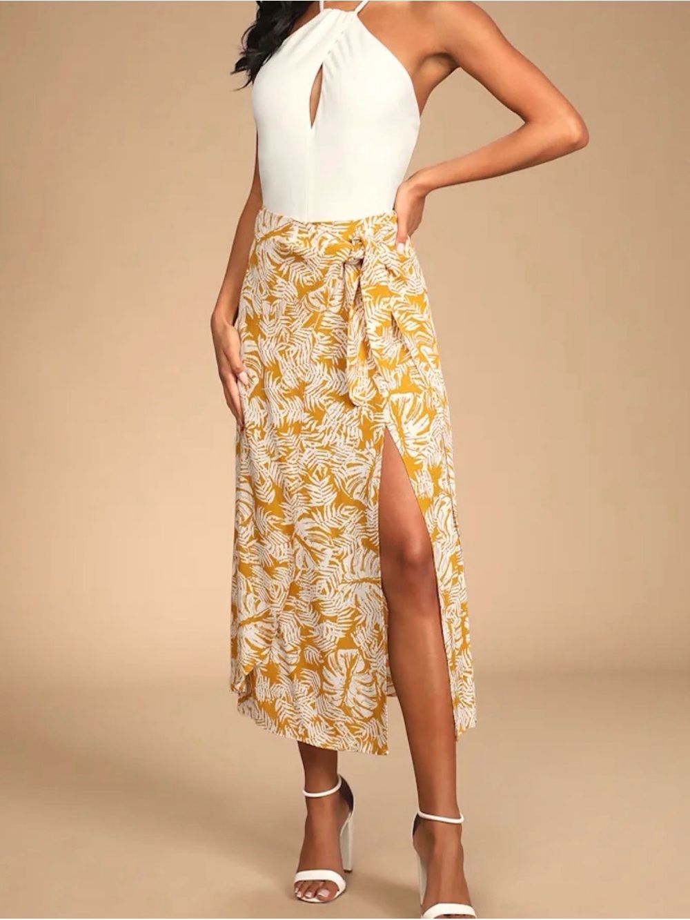 Lulu's Mustard and White Leaf-Print Maxi Skirt with Side Slit